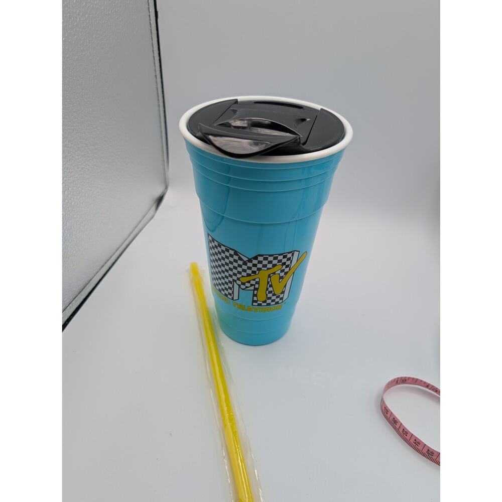 MTV Travel Tumbler 32oz Aqua Blue Checkered Logo To Go Cup with Straw NEW